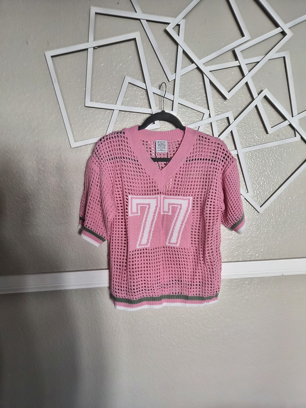 Pink Mesh Jersey Top with '77' Graphic and Contrast Trim